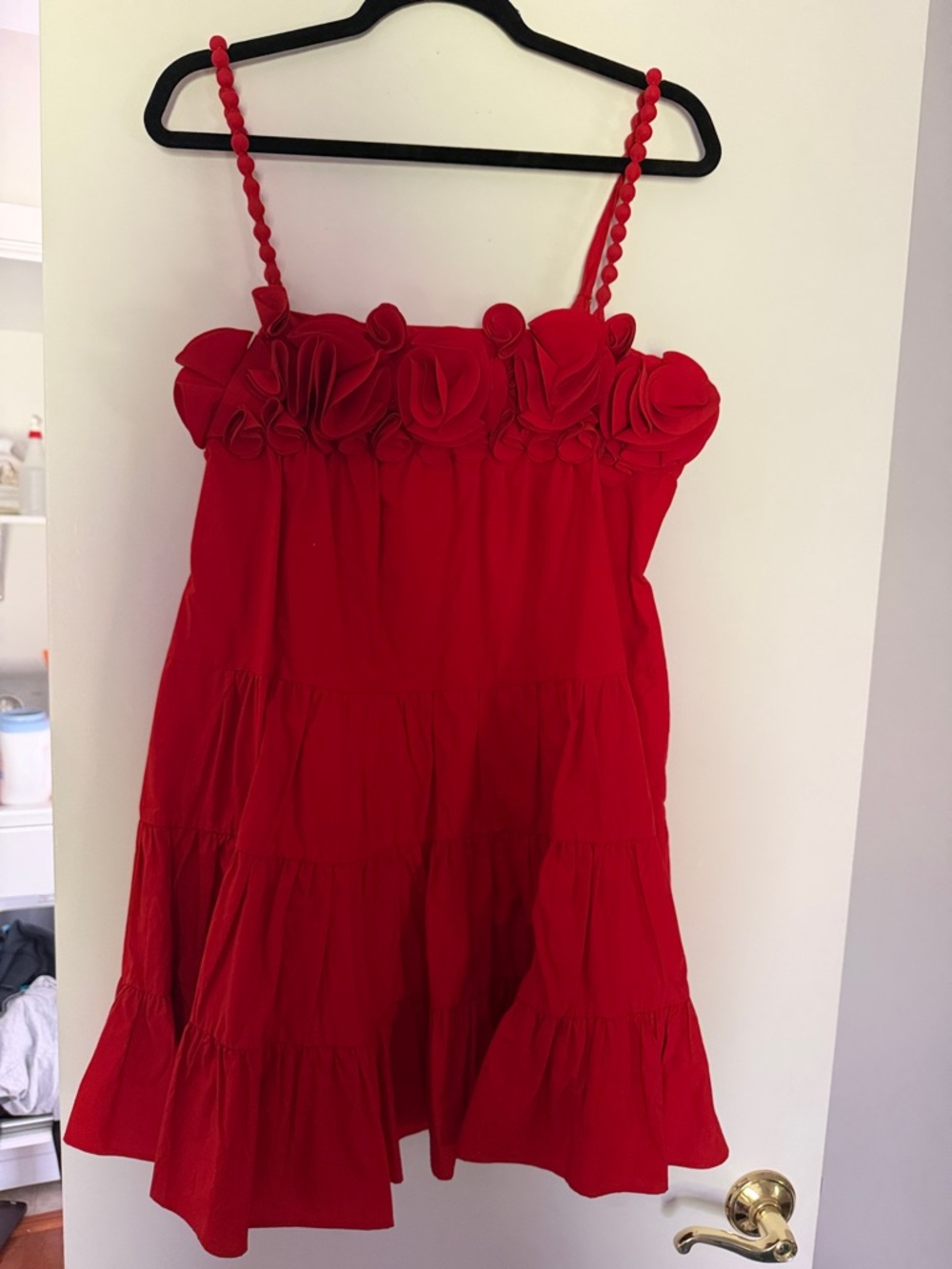 SAYLOR Red Spaghetti-Strap Tiered Mini Dress with Rosette Trim